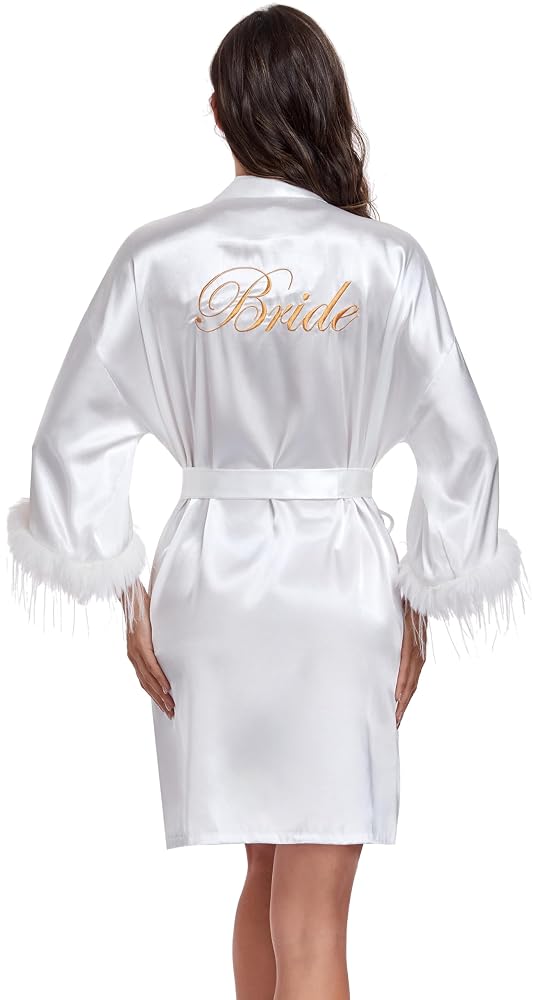 Feather Sleeve Bridal Robe with Gold Embroidery
