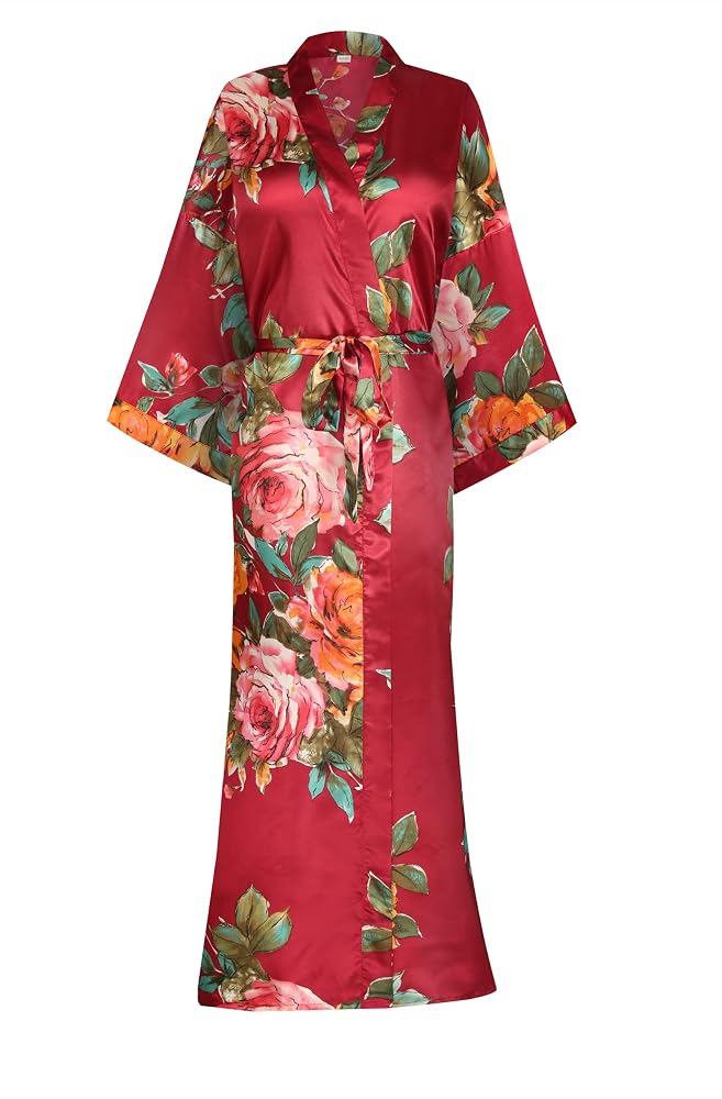 Long Floral Satin Kimono Robe