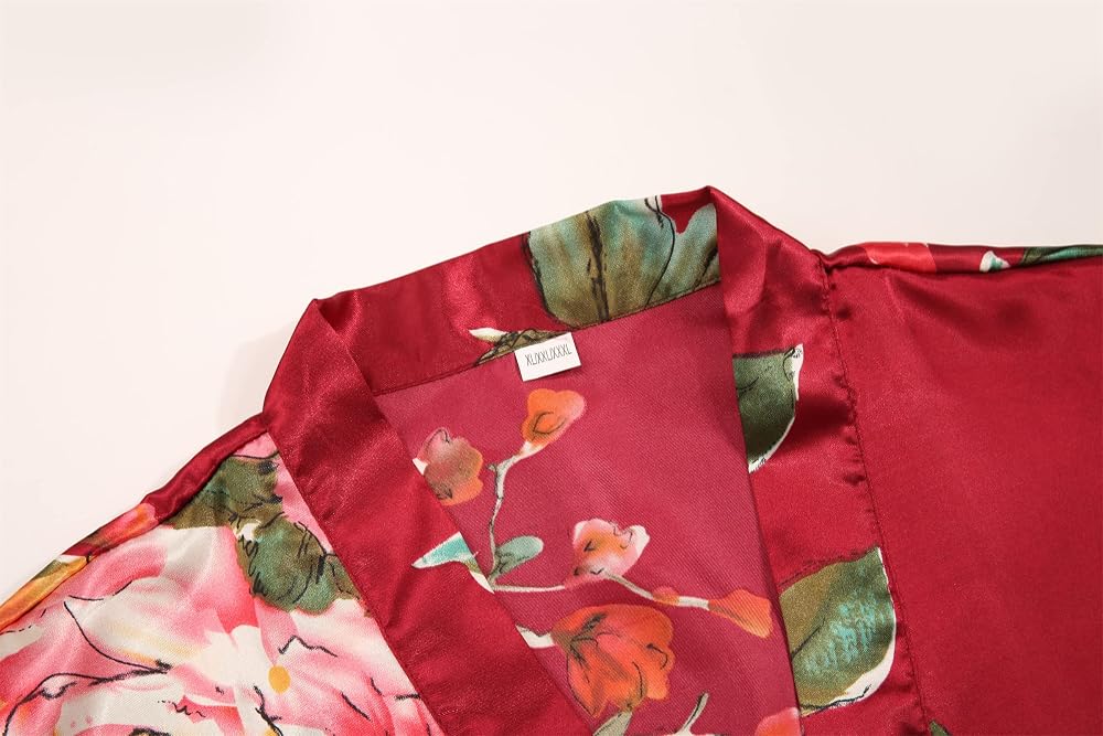 Long Floral Satin Kimono Robe, view 4