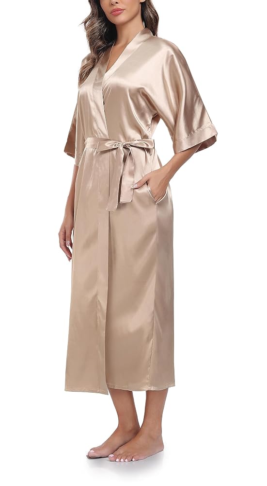 Long Satin Robe with Pockets, view 2