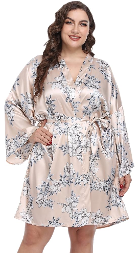 Plus Size Floral Satin Kimono Robe