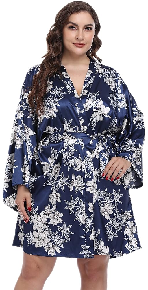 Plus Size Floral Satin Kimono Robe, view 4