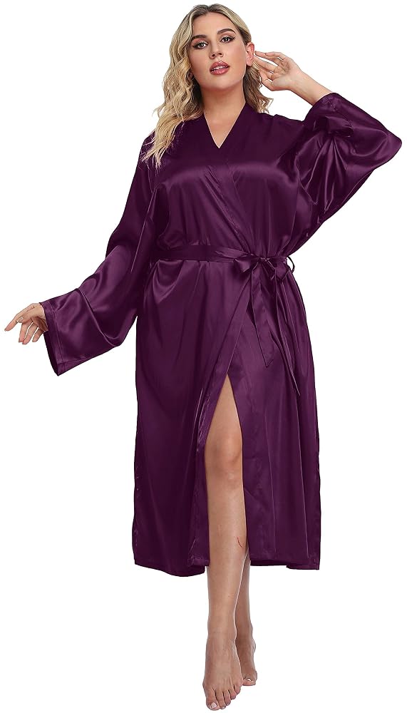 Plus Size Long Satin Robe, Purple
