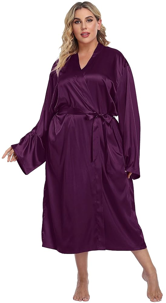 Plus Size Long Satin Robe, Purple, view 2