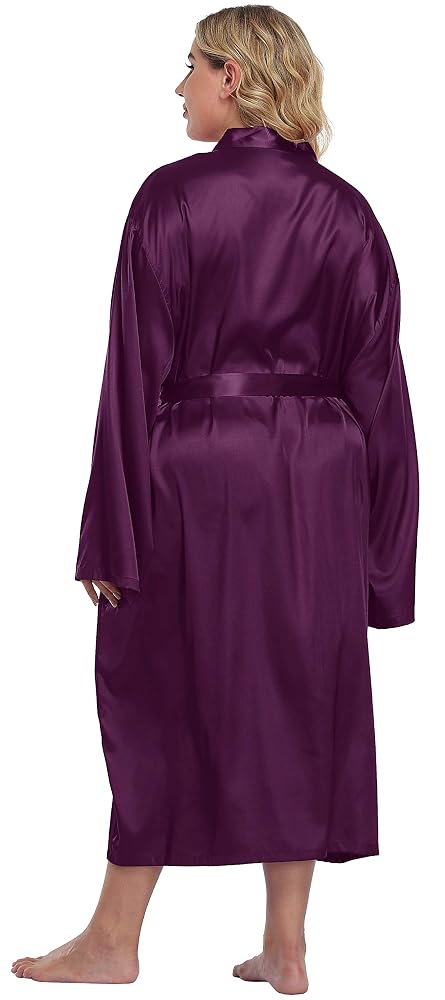 Plus Size Long Satin Robe, Purple, view 3