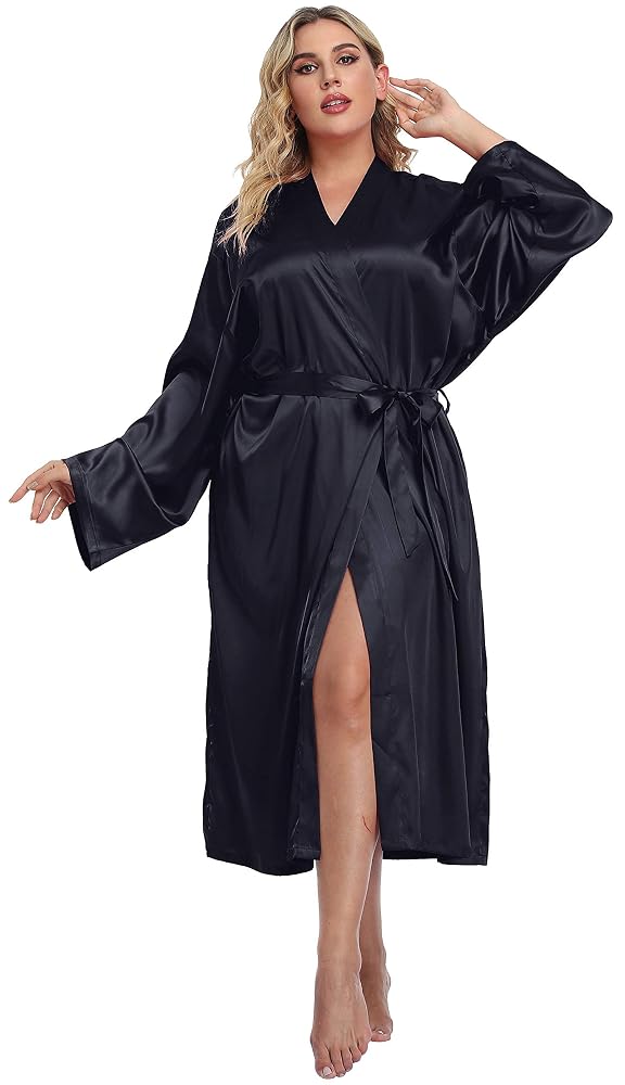 Plus Size Long Satin Robe, Purple, view 4