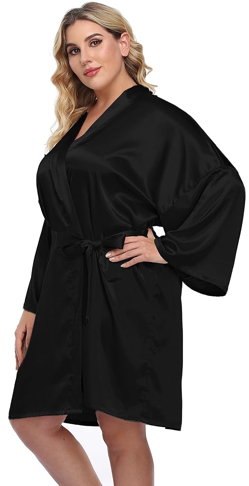 Plus Size Short Satin Kimono Robe, Black