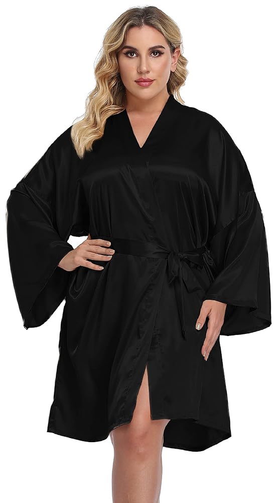 Plus Size Short Satin Kimono Robe, Black, view 2