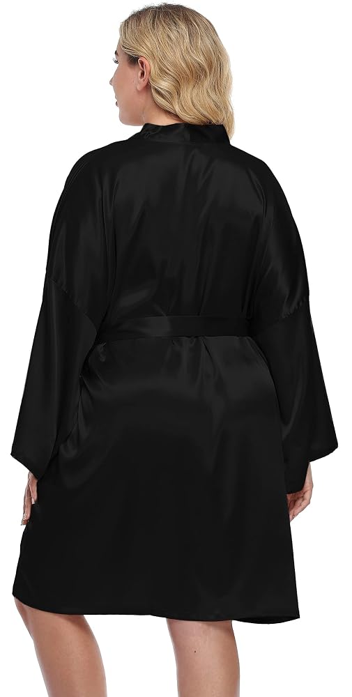 Plus Size Short Satin Kimono Robe, Black, view 3