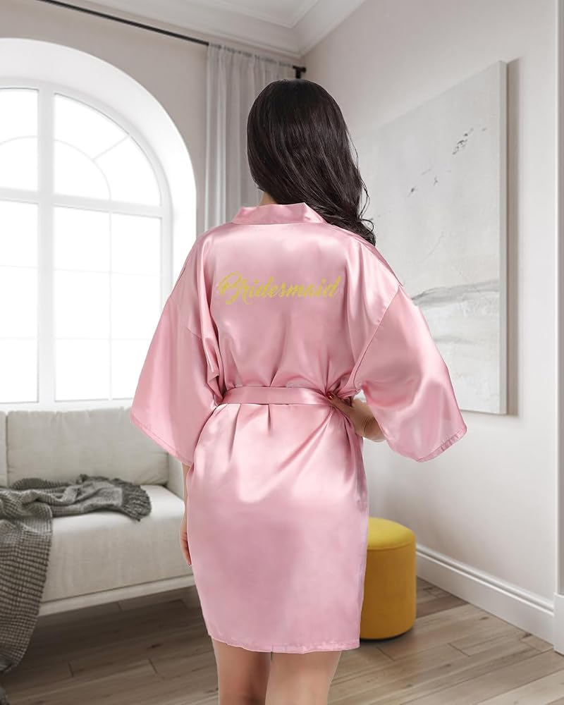 Satin Kimono Robe with Gold Glitter Lettering, view 3
